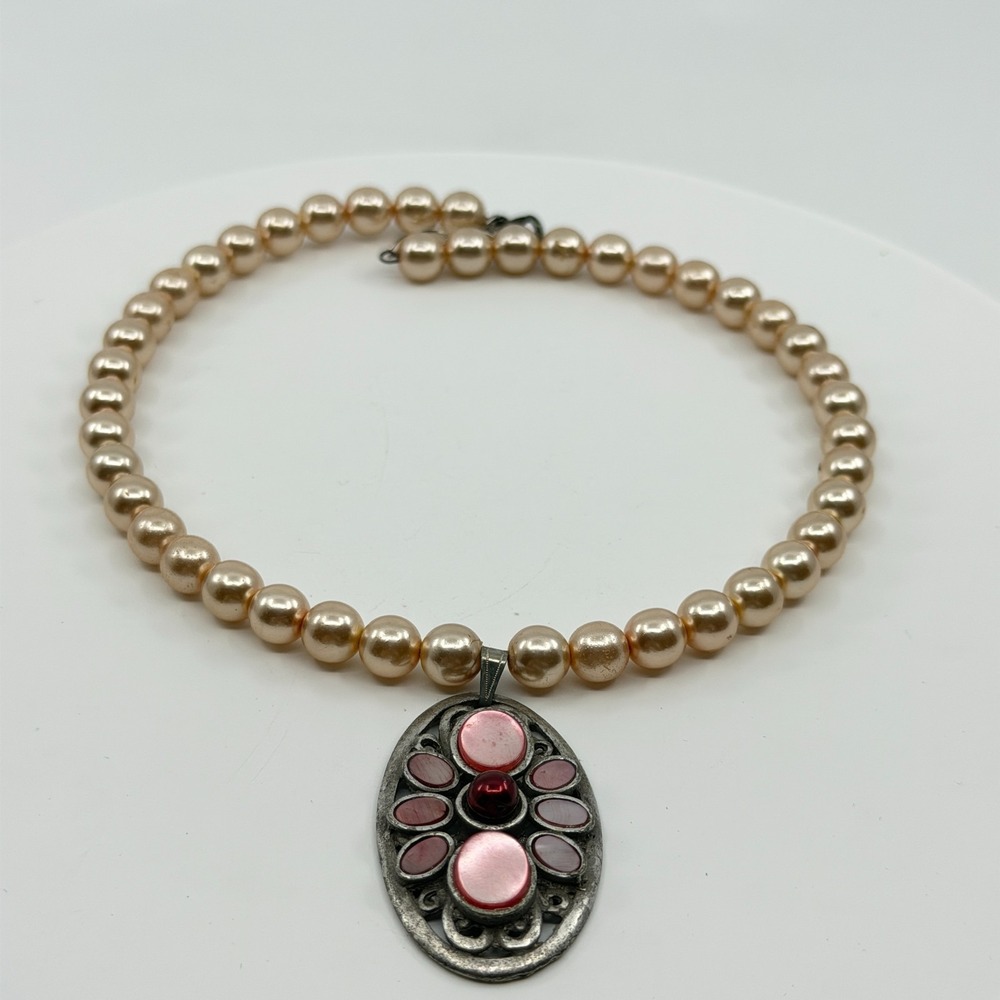 Blush Faux Pearl Pink Cabochon Pendant Necklace Silver Tone Coquette Statement